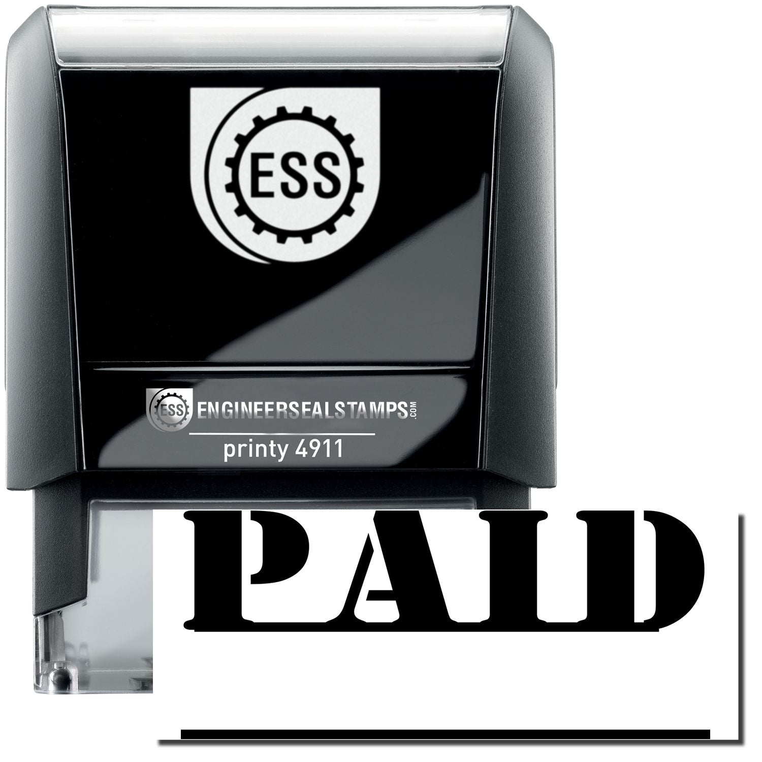 A self-inking stamp with a stamped image showing how the text "PAID" in a unique large font with a line where a date can be listed is displayed after stamping.