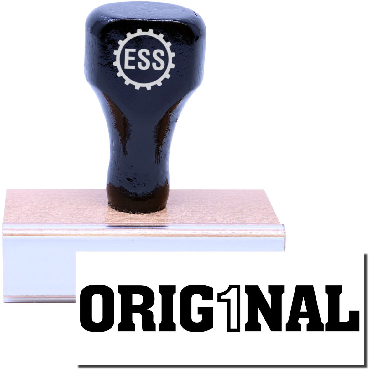 A stock office rubber stamp with a stamped image showing how the text &quot;ORIG1NAL&quot; is displayed after stamping.