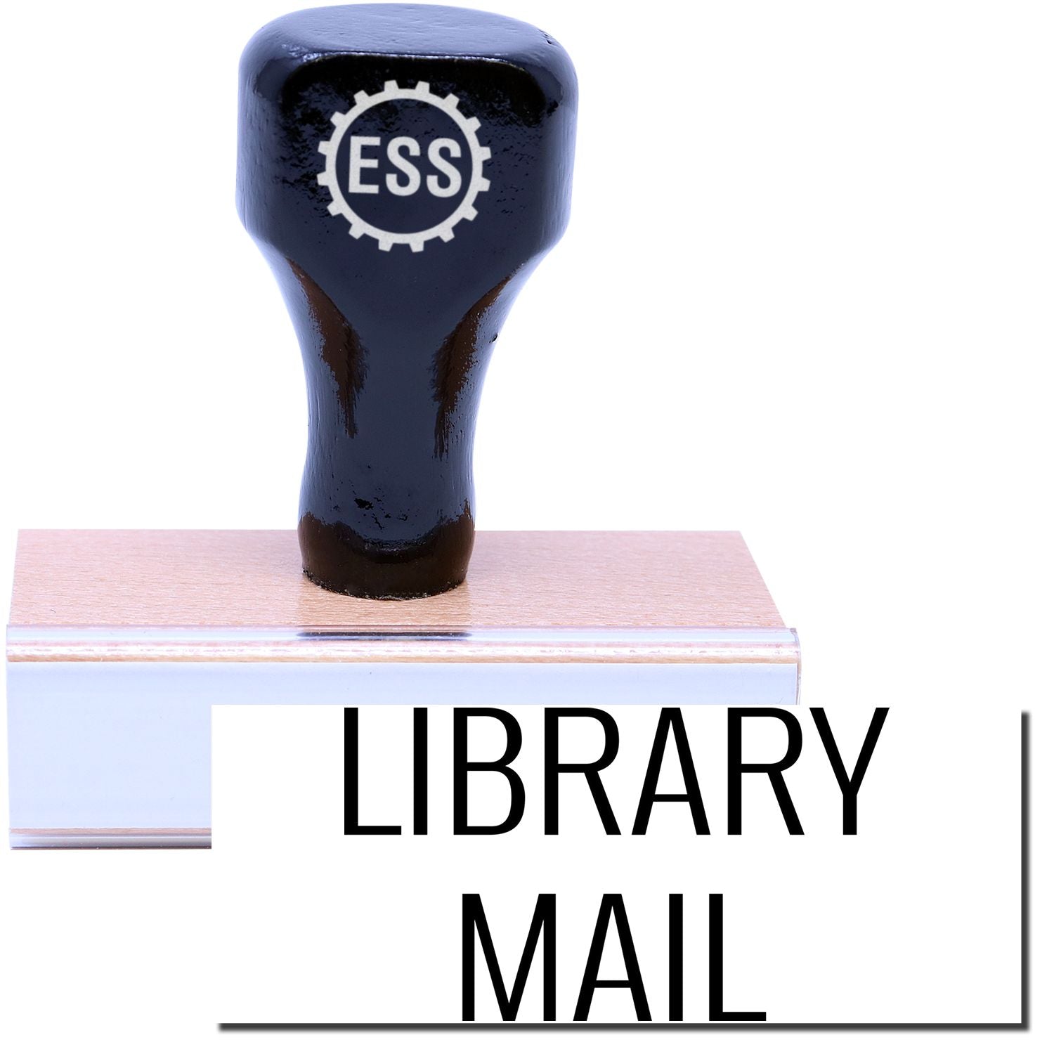 A stock office rubber stamp with a stamped image showing how the text LIBRARY MAIL is displayed after stamping.