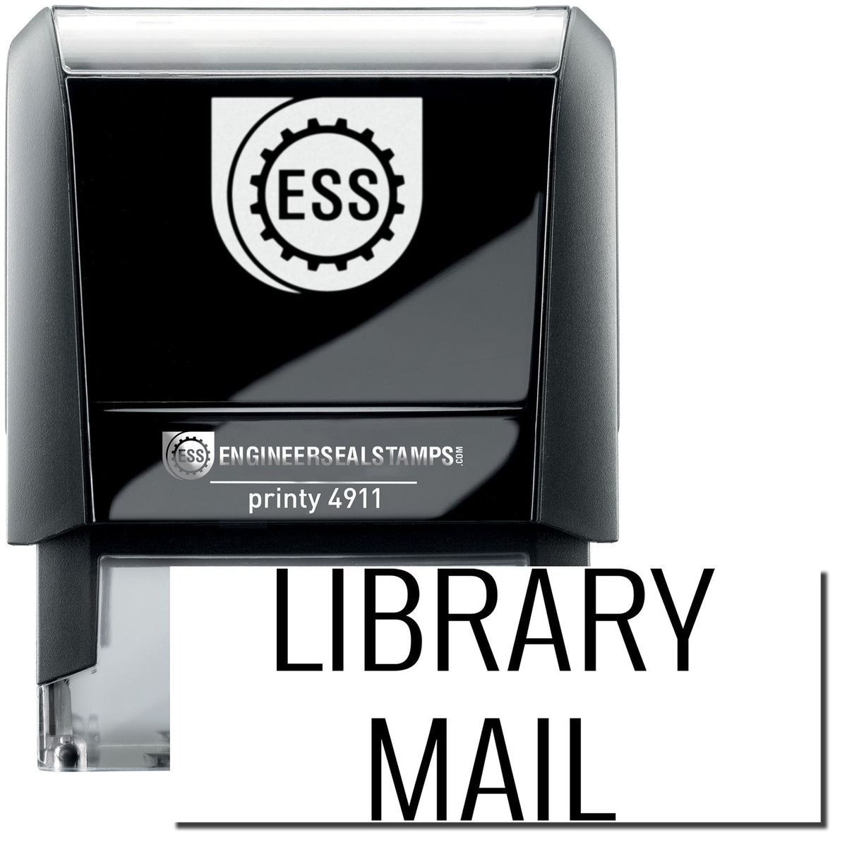 A self-inking stamp with a stamped image showing how the text &quot;LIBRARY MAIL&quot; is displayed after stamping.