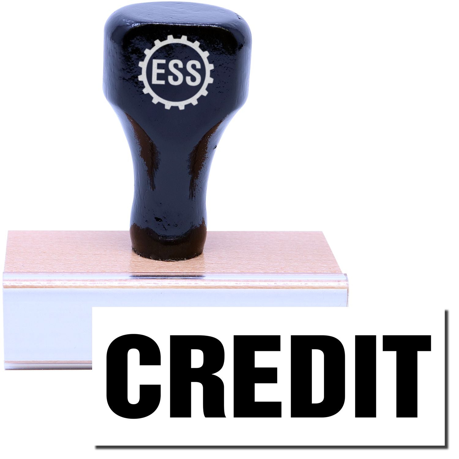 A stock office rubber stamp with a stamped image showing how the text "CREDIT" in bold font is displayed after stamping.