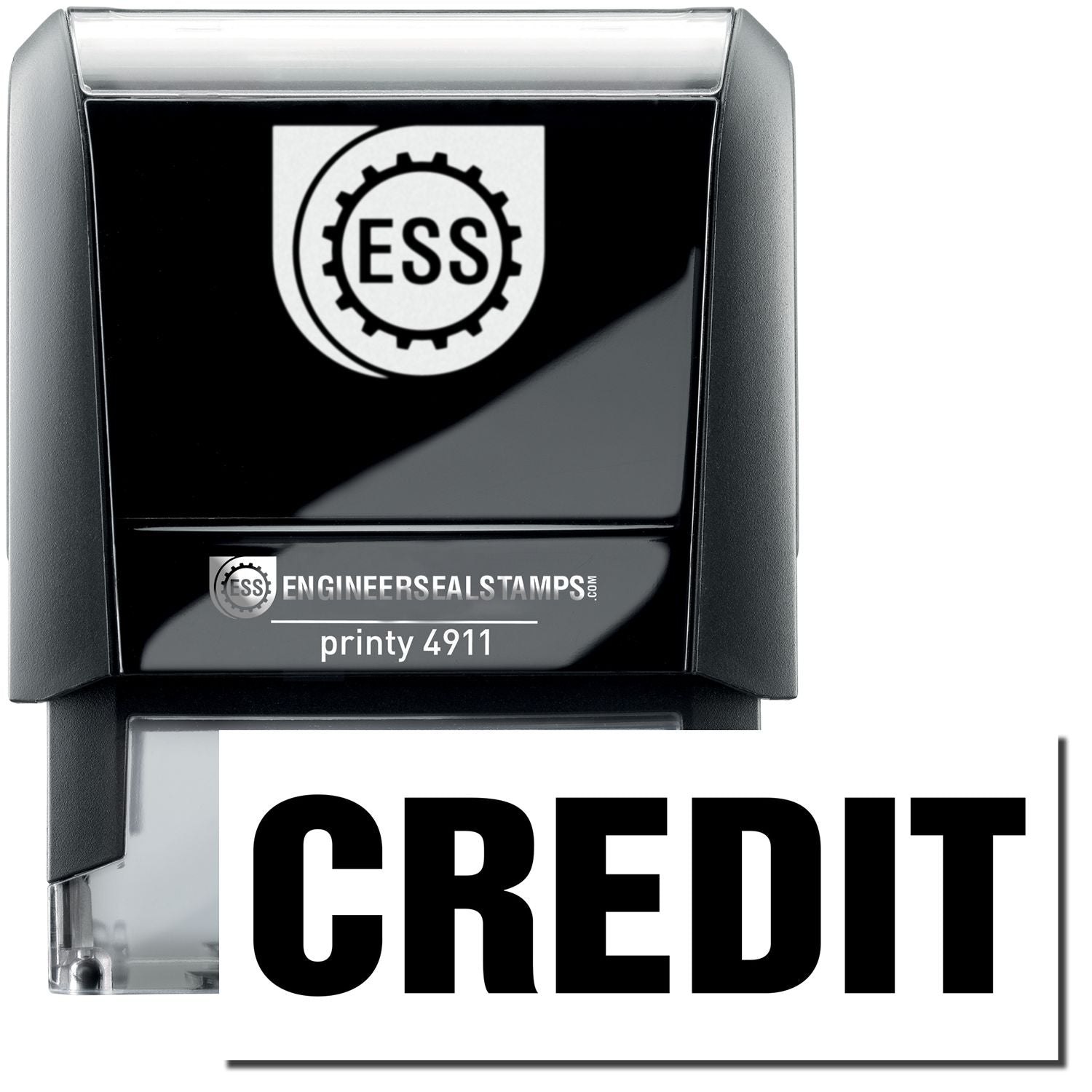A self-inking stamp with a stamped image showing how the text "CREDIT" in bold font is displayed after stamping.