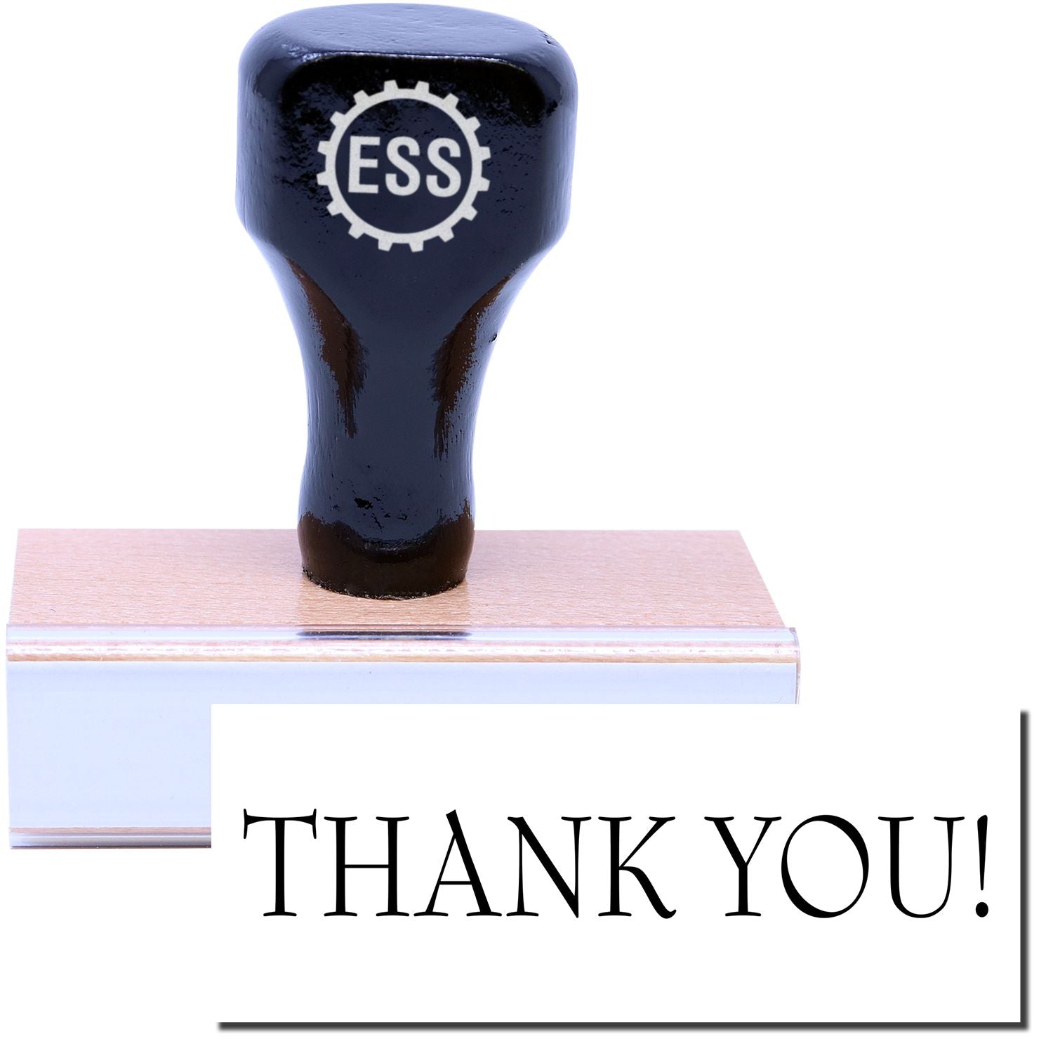 A stock office rubber stamp with a stamped image showing how the text THANK YOU with an exclamation sign is displayed after stamping.