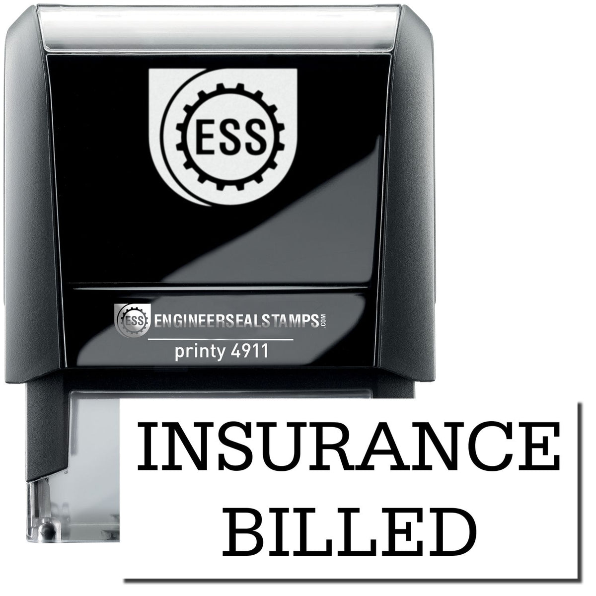 A self-inking stamp with a stamped image showing how the text &quot;INSURANCE BILLED&quot; is displayed after stamping.
