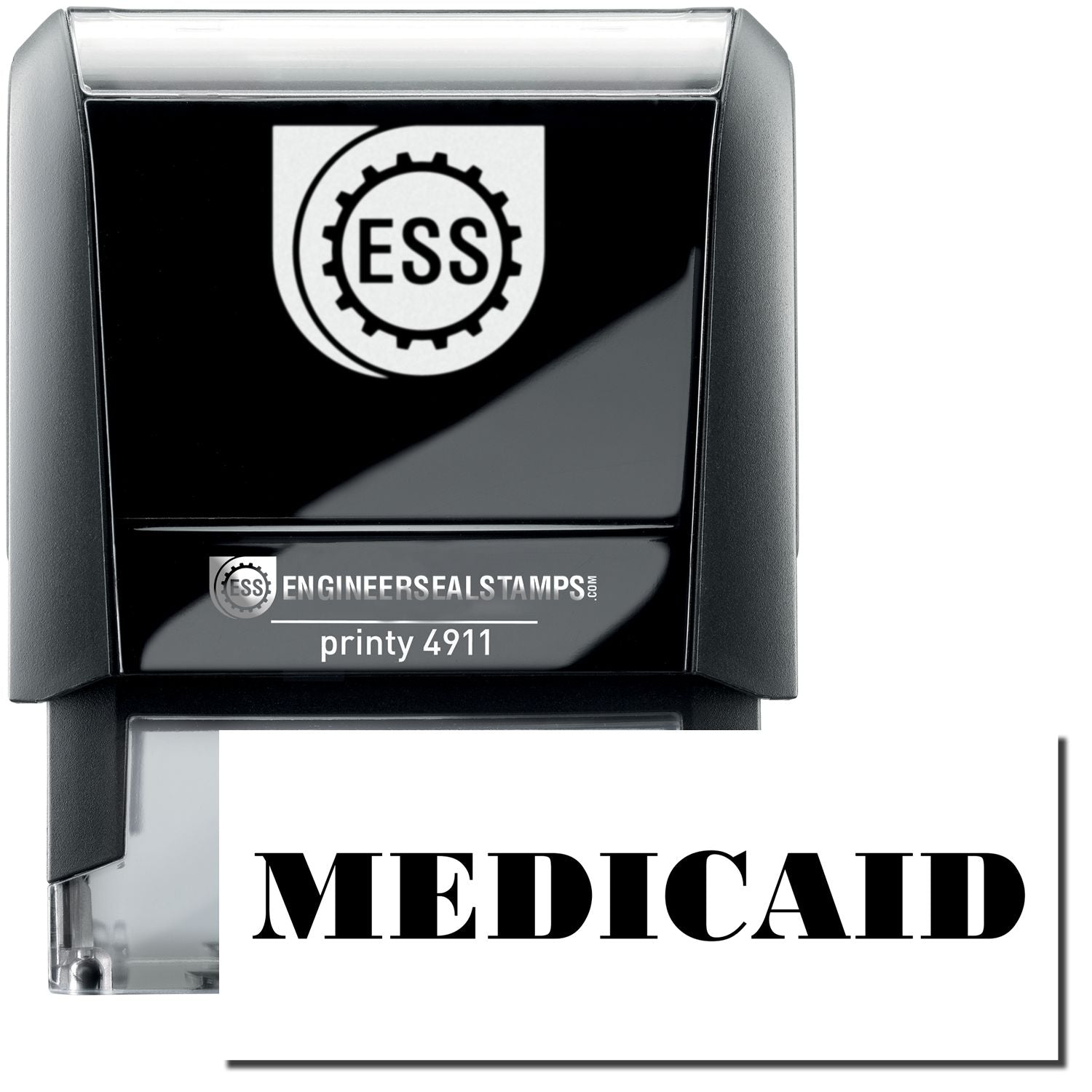 A self-inking stamp with a stamped image showing how the text "MEDICAID" is displayed after stamping.