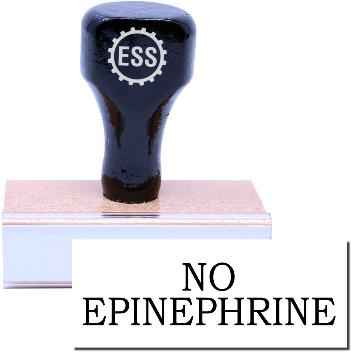 A stock office medical rubber stamp with a stamped image showing how the text &quot;NO EPINEPHRINE&quot; is displayed after stamping.