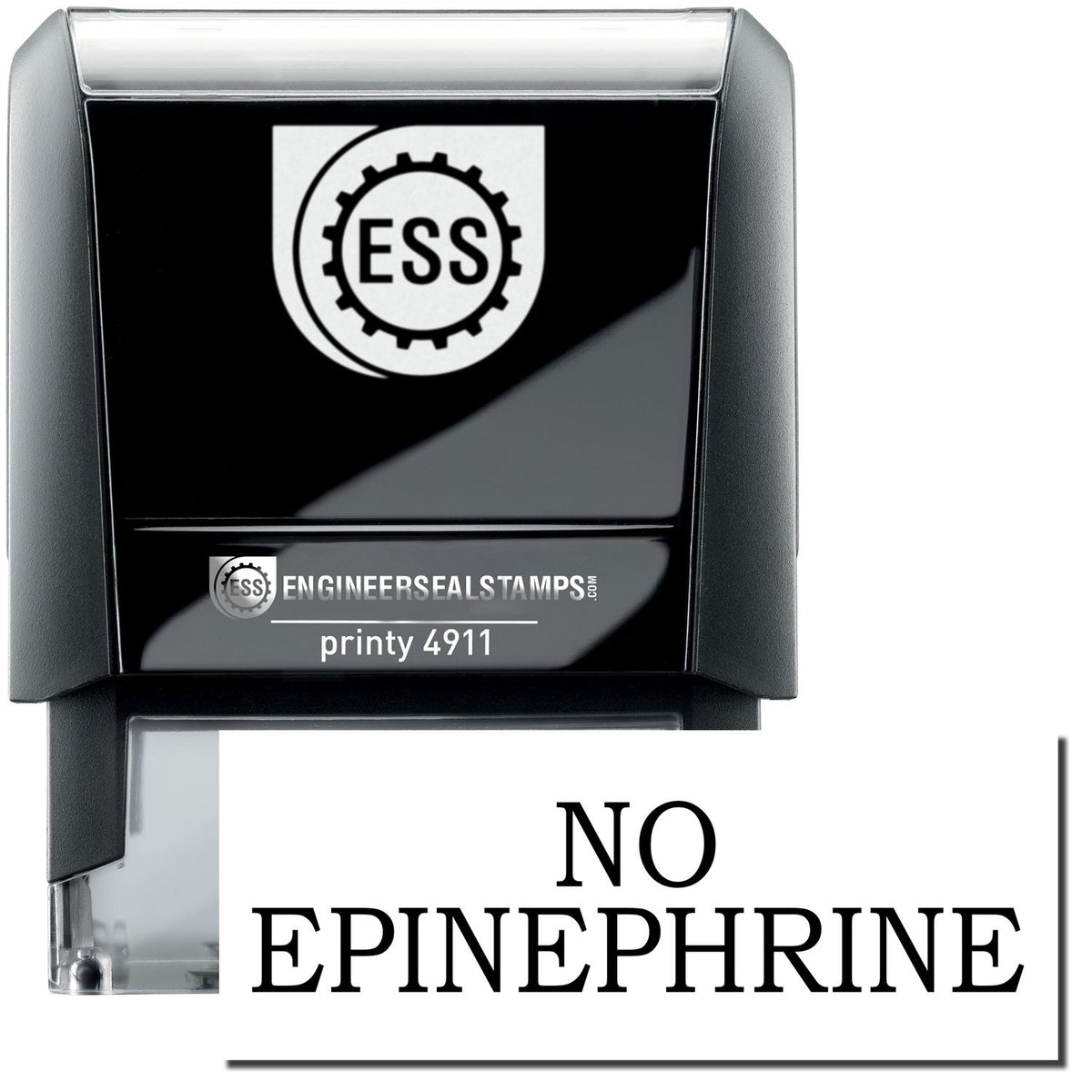 A self-inking stamp with a stamped image showing how the text &quot;NO EPINEPHRINE&quot; is displayed after stamping.