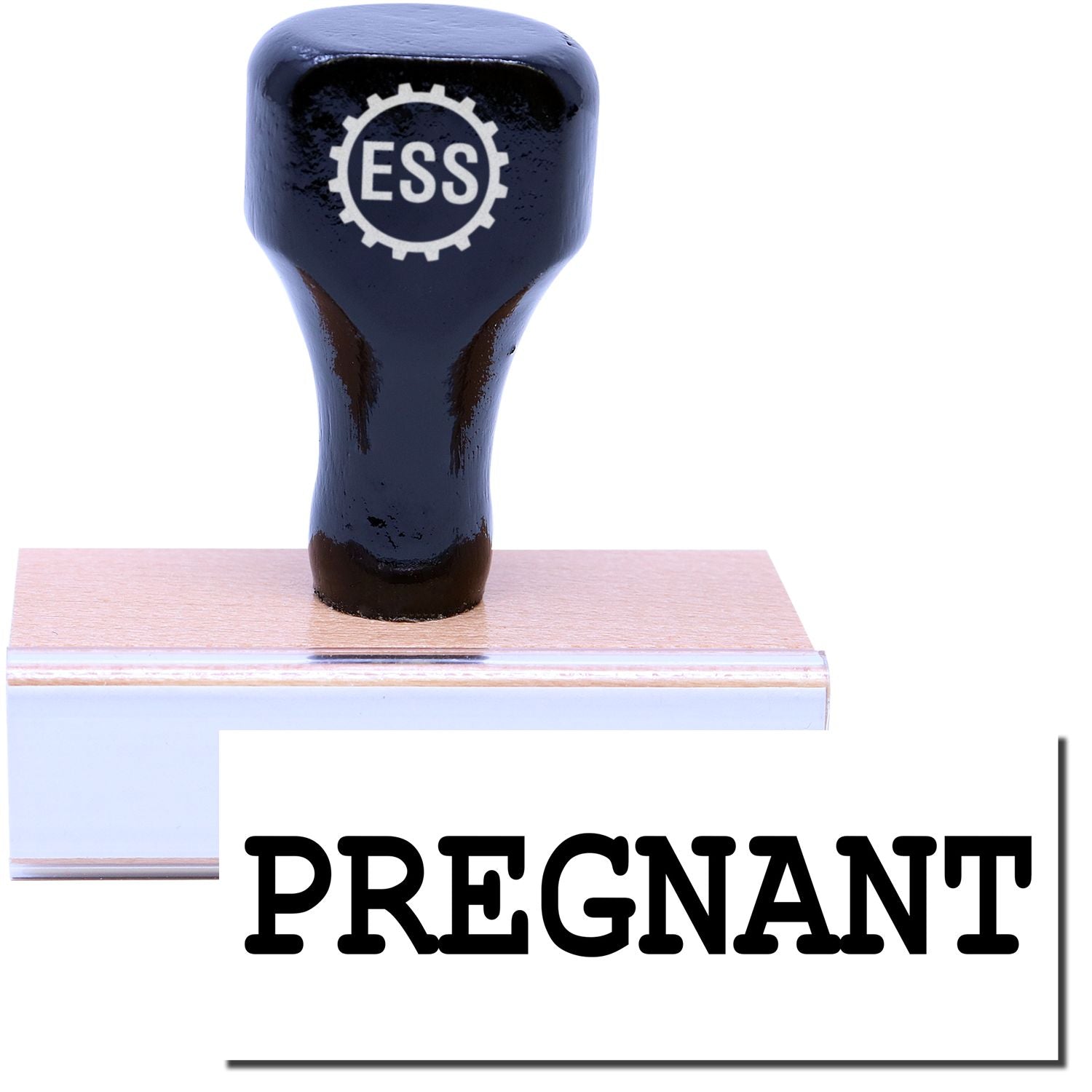 A stock office rubber stamp with a stamped image showing how the text PREGNANT is displayed after stamping.