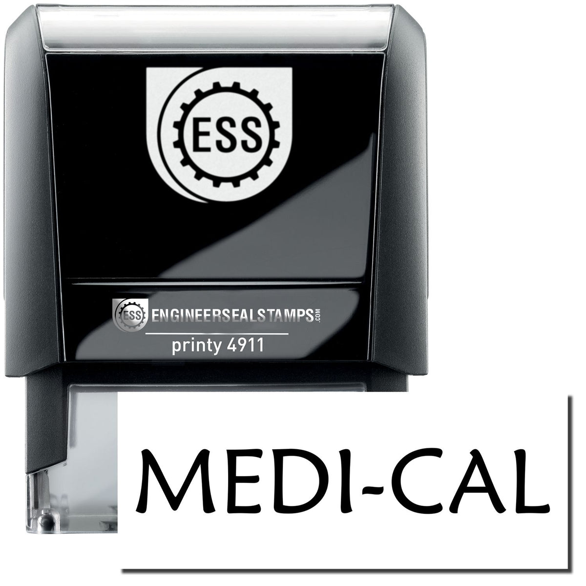 A self-inking stamp with a stamped image showing how the text &quot;MEDI-CAL&quot; is displayed after stamping.