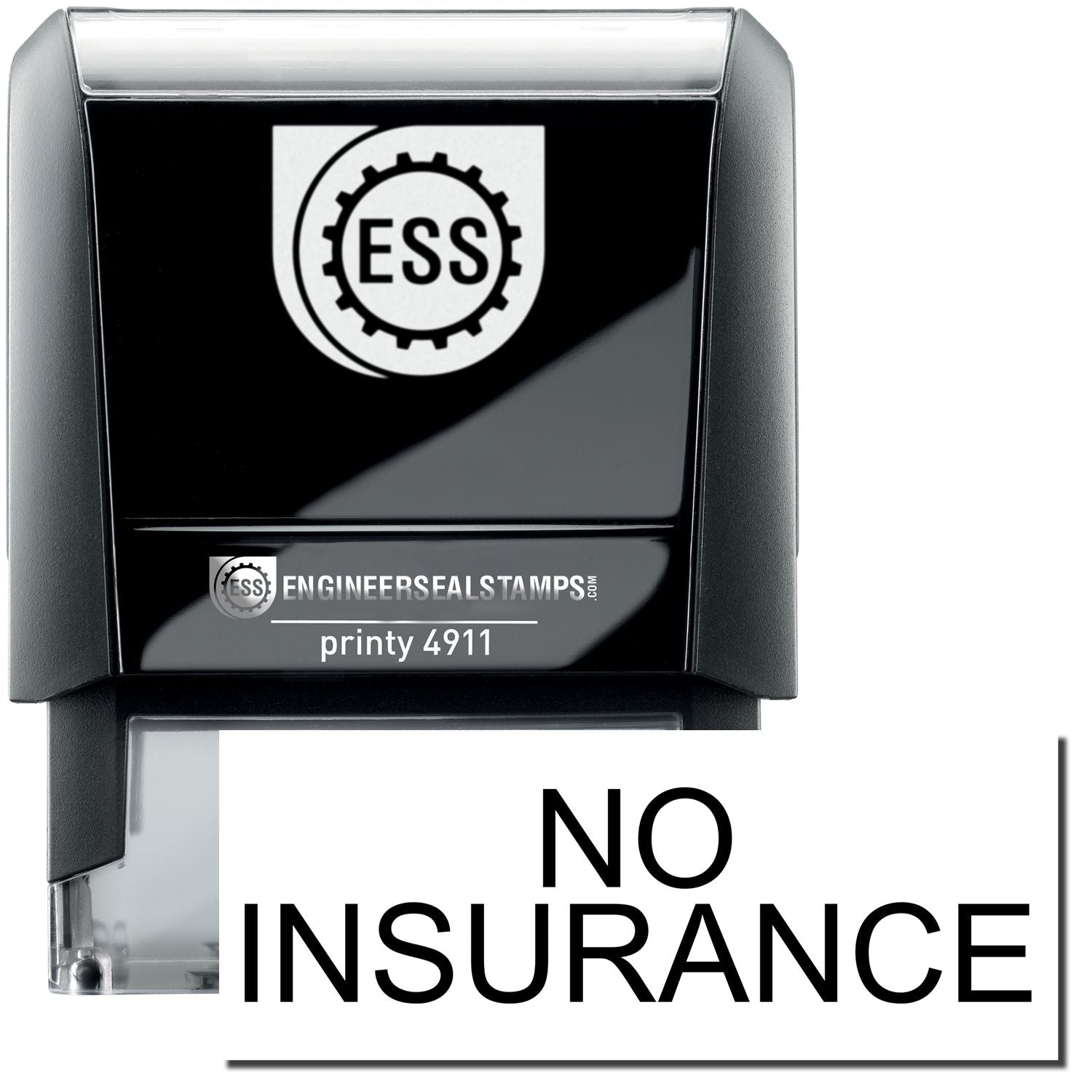 A self-inking stamp with a stamped image showing how the text "NO INSURANCE" is displayed after stamping.
