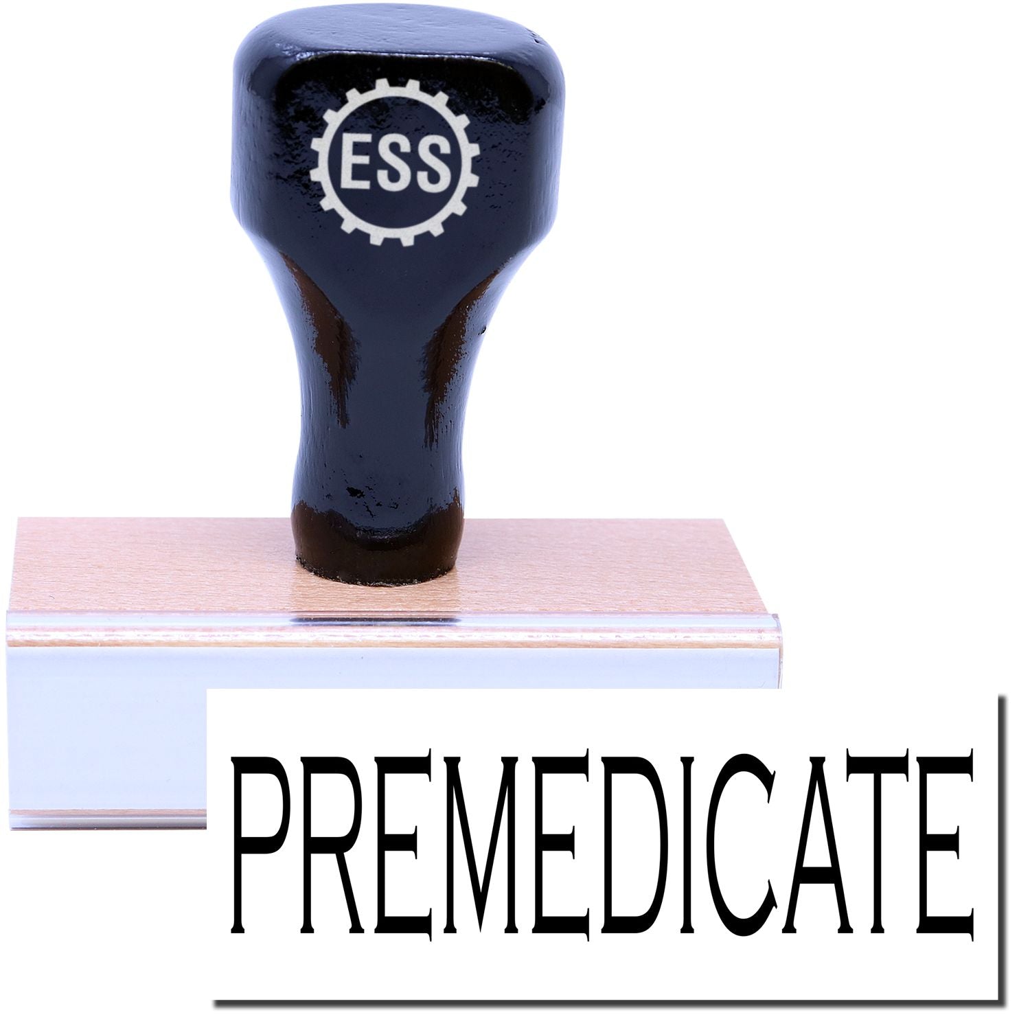 A stock office rubber stamp with a stamped image showing how the text PREMEDICATE is displayed after stamping.