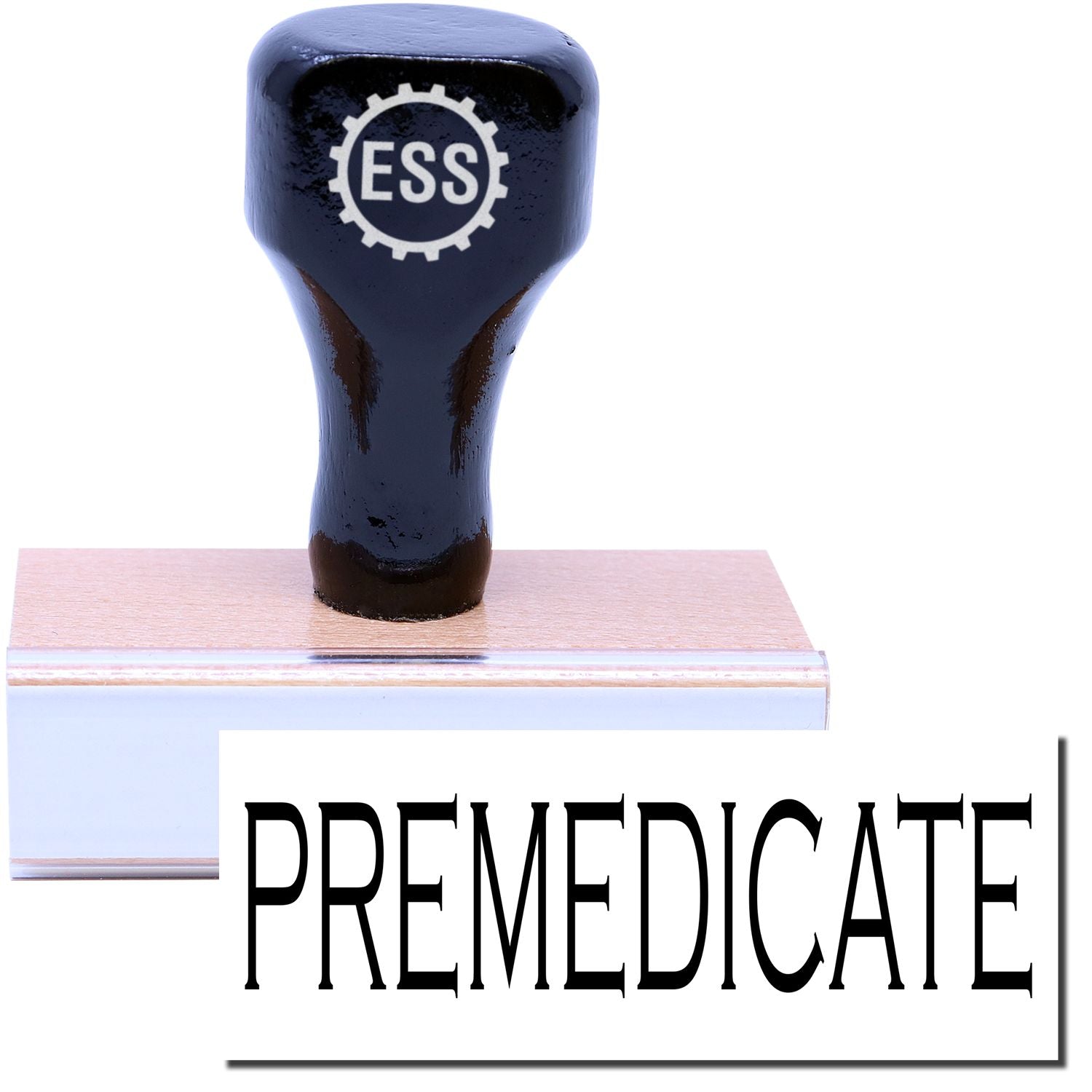 A stock office rubber stamp with a stamped image showing how the text "PREMEDICATE" is displayed after stamping.