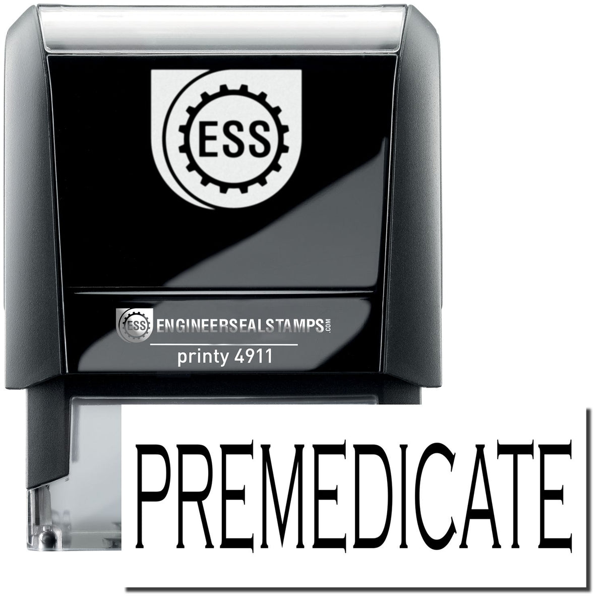 A self-inking stamp with a stamped image showing how the text &quot;PREMEDICATE&quot; is displayed after stamping.