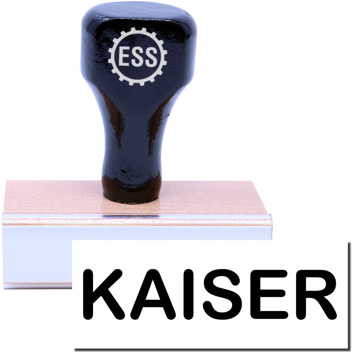 A stock office rubber stamp with a stamped image showing how the text &quot;KAISER&quot; is displayed after stamping.