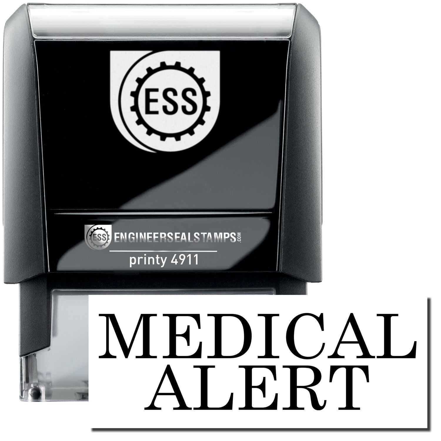 A self-inking stamp with a stamped image showing how the text "MEDICAL ALERT" is displayed after stamping.