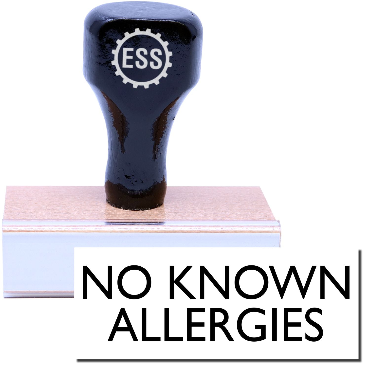 A stock office rubber stamp with a stamped image showing how the text "NO KNOWN ALLERGIES" is displayed after stamping.