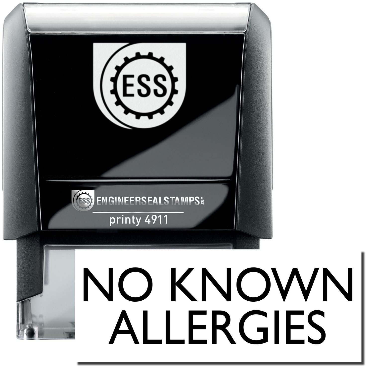 A self-inking stamp with a stamped image showing how the text "NO KNOWN ALLERGIES" is displayed after stamping.