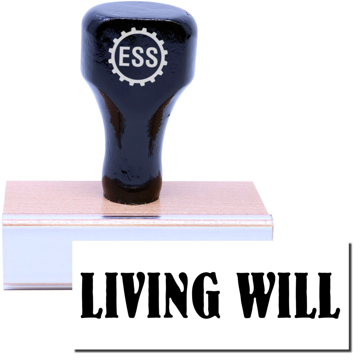 A stock office rubber stamp with a stamped image showing how the text &quot;LIVING WILL&quot; is displayed after stamping.