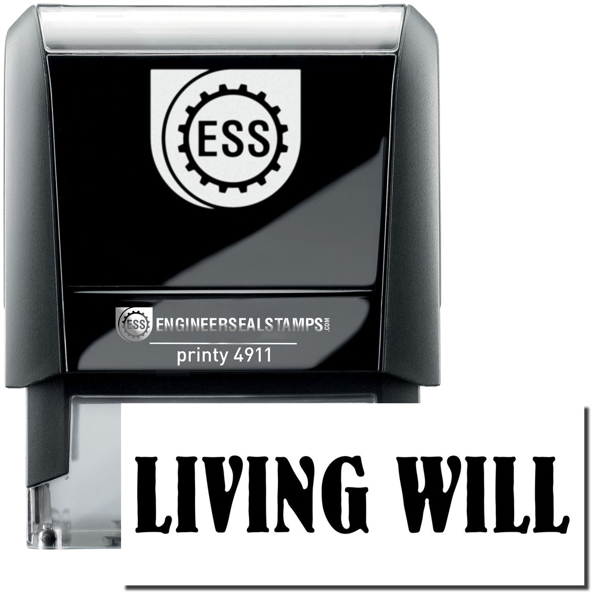 A self-inking stamp with a stamped image showing how the text &quot;LIVING WILL&quot; is displayed after stamping.