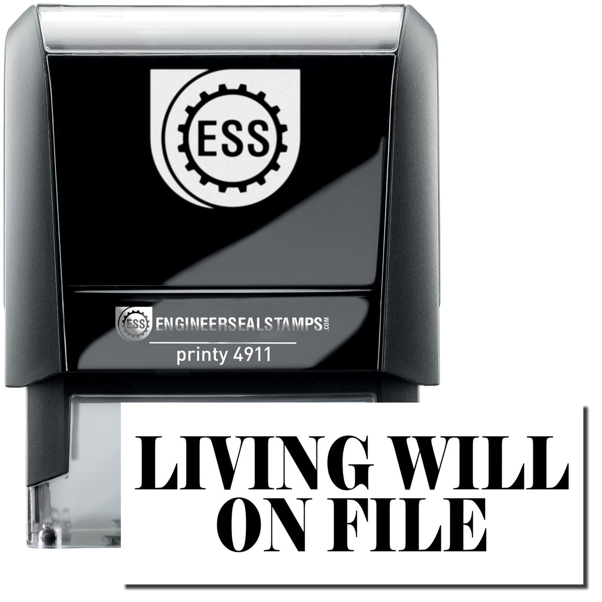 A self-inking stamp with a stamped image showing how the text &quot;LIVING WILL ON FILE&quot; is displayed after stamping.