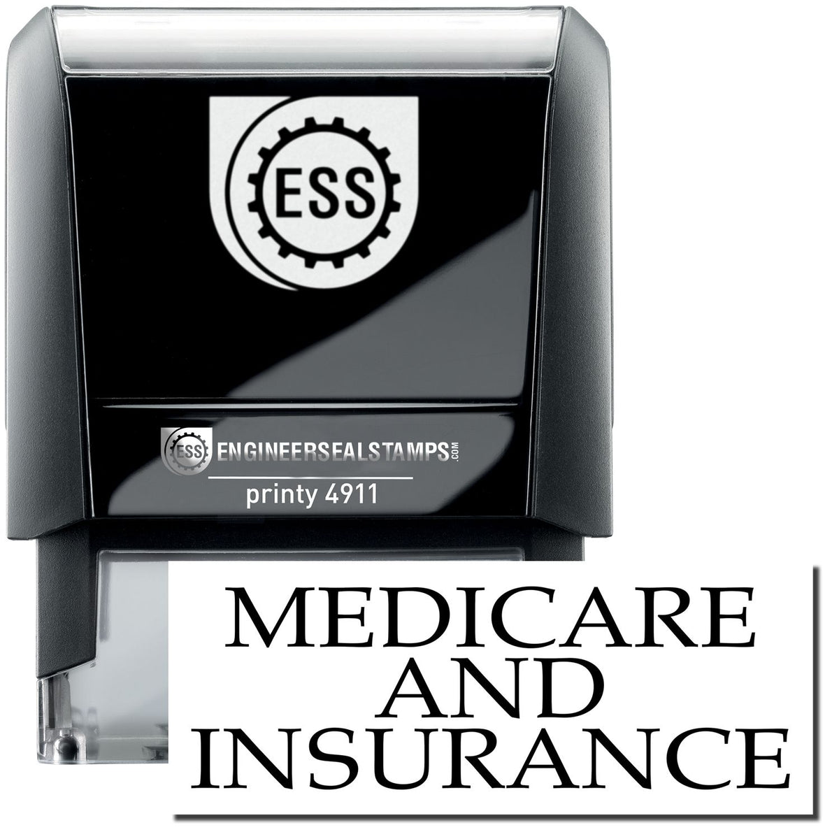 A self-inking stamp with a stamped image showing how the text &quot;MEDICARE AND INSURANCE&quot; is displayed after stamping.