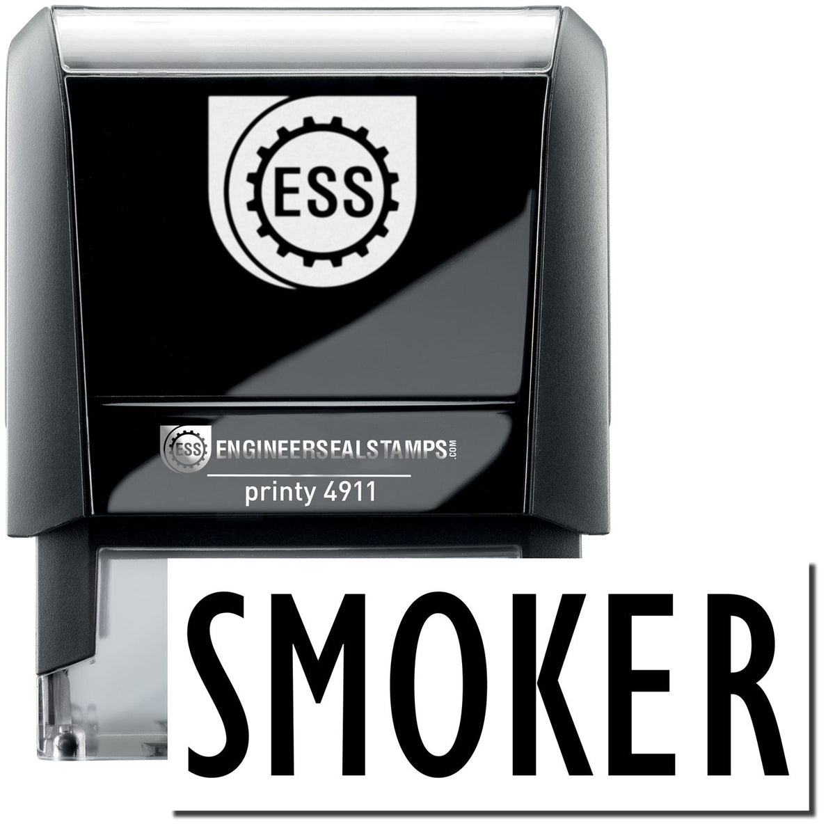 A self-inking stamp with a stamped image showing how the text &quot;SMOKER&quot; is displayed after stamping.