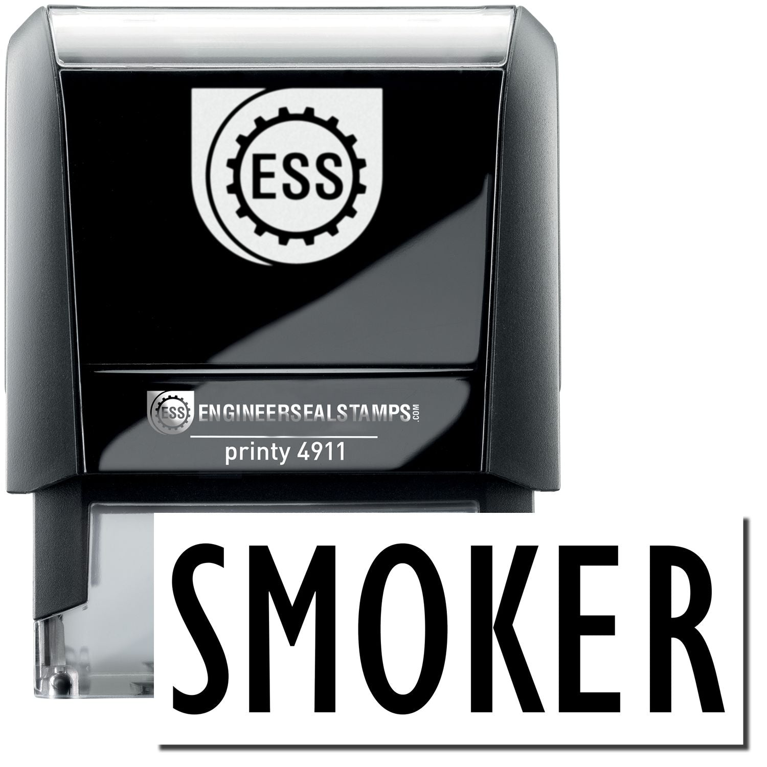 A self-inking stamp with a stamped image showing how the text "SMOKER" is displayed after stamping.