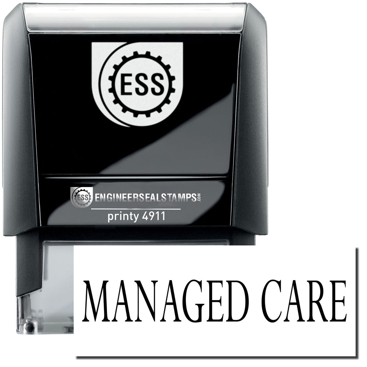 A self-inking stamp with a stamped image showing how the text &quot;MANAGED CARE&quot; is displayed after stamping.
