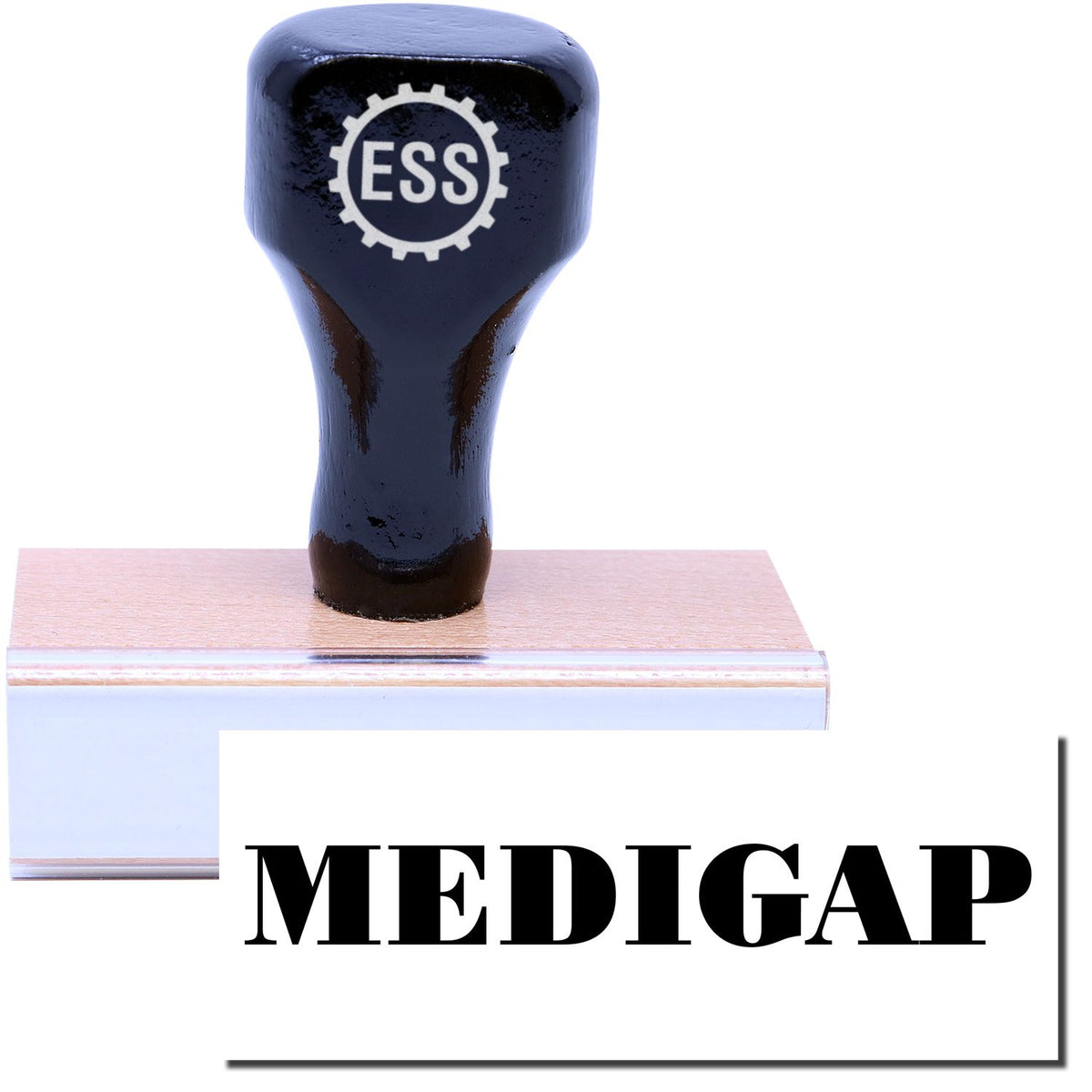 A stock office medical rubber stamp with a stamped image showing how the text &quot;MEDIGAP&quot; is displayed after stamping.