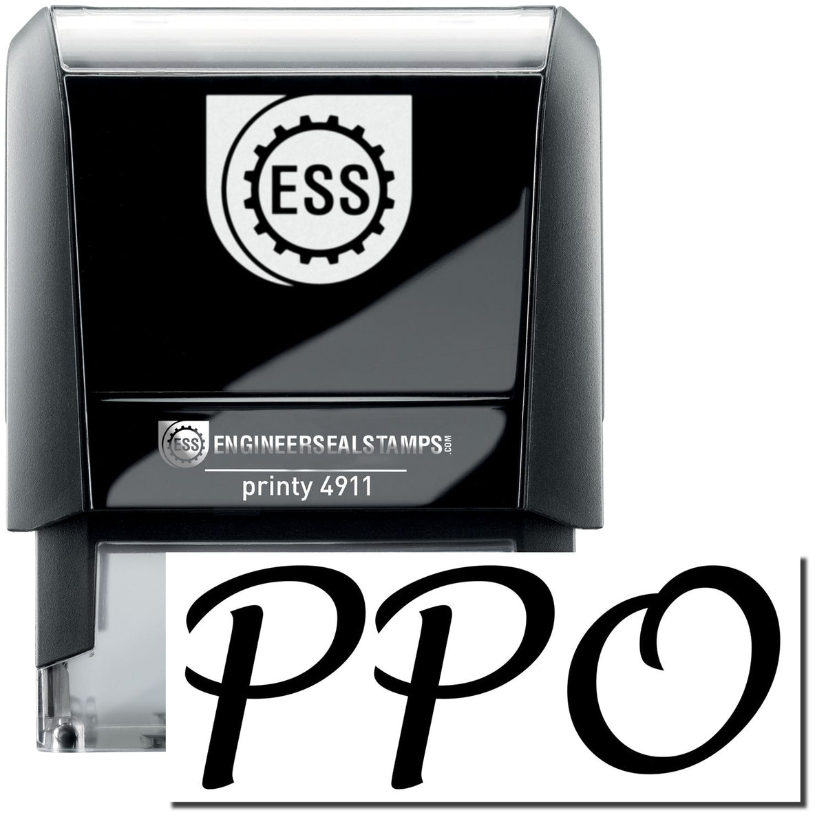 A self-inking stamp with a stamped image showing how the text &quot;PPO&quot; is displayed after stamping.