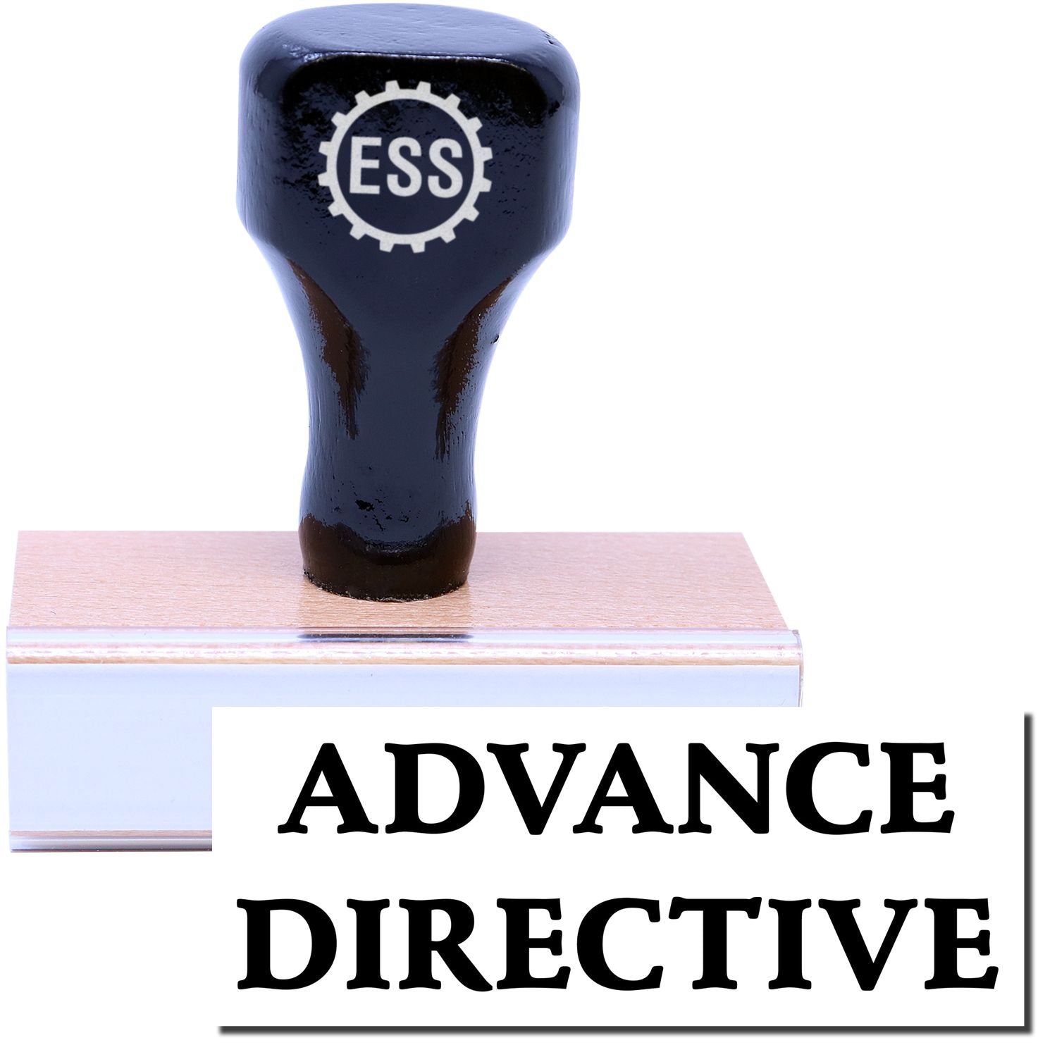 A stock office rubber stamp with a stamped image showing how the text ADVANCE DIRECTIVE is displayed after stamping.