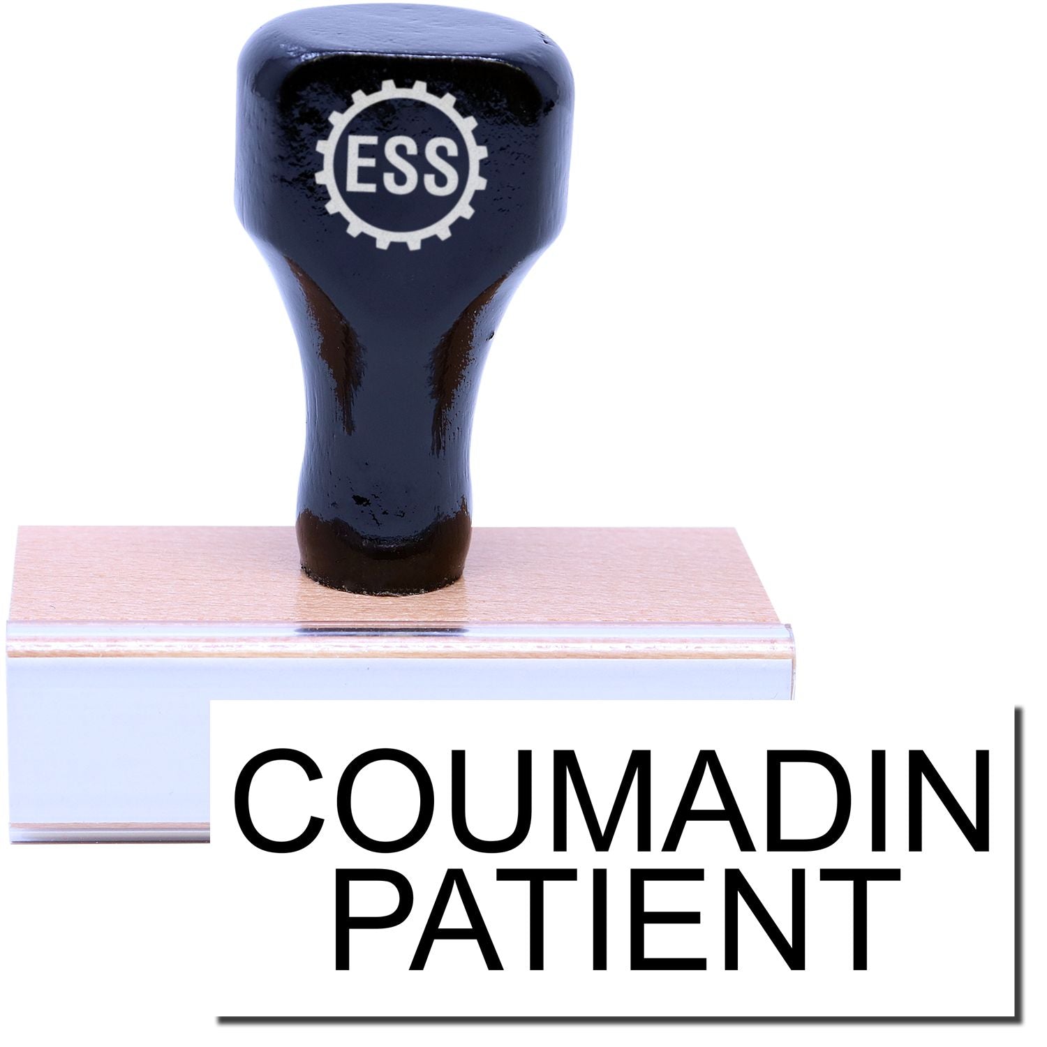 A stock office rubber stamp with a stamped image showing how the text COUMADIN PATIENT is displayed after stamping.