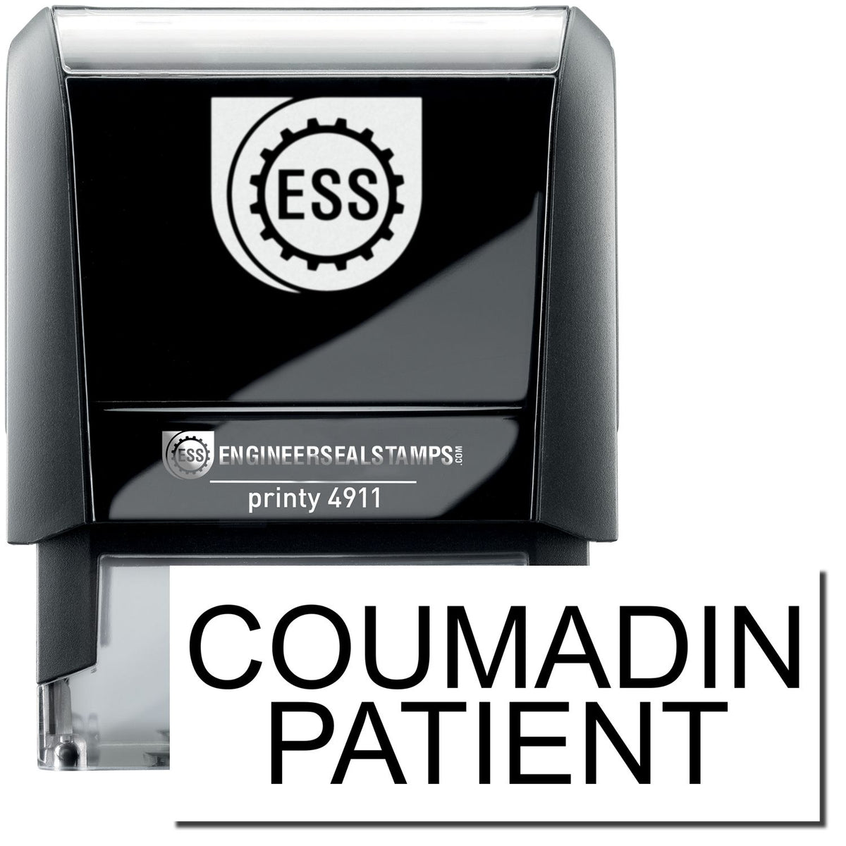 A self-inking stamp with a stamped image showing how the text &quot;COUMADIN PATIENT&quot; is displayed after stamping.