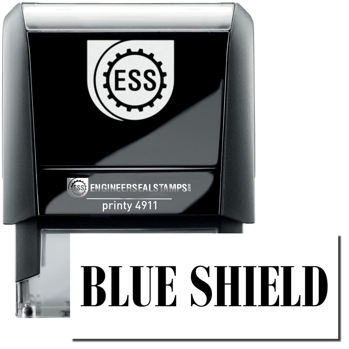A self-inking stamp with a stamped image showing how the text &quot;BLUE SHIELD&quot; is displayed after stamping.