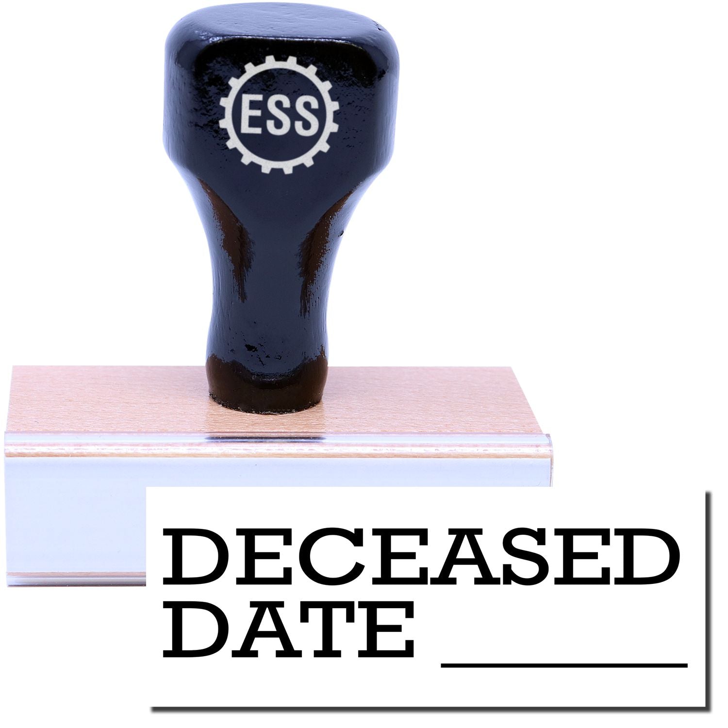 A stock office medical rubber stamp with a stamped image showing how the text "DECEASED DATE" with a line for writing date is displayed after stamping.