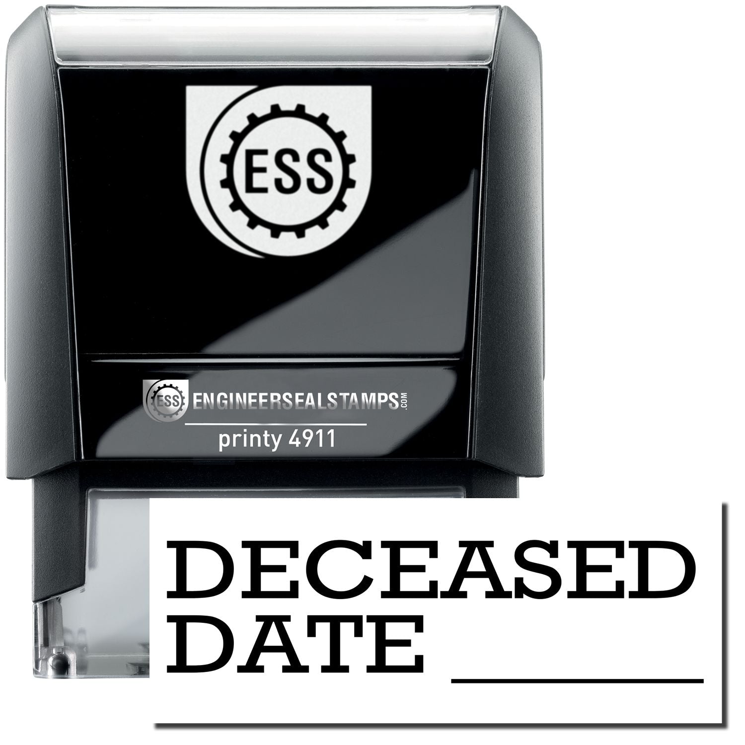 A self-inking stamp with a stamped image showing how the text DECEASED DATE with a line is displayed after stamping.