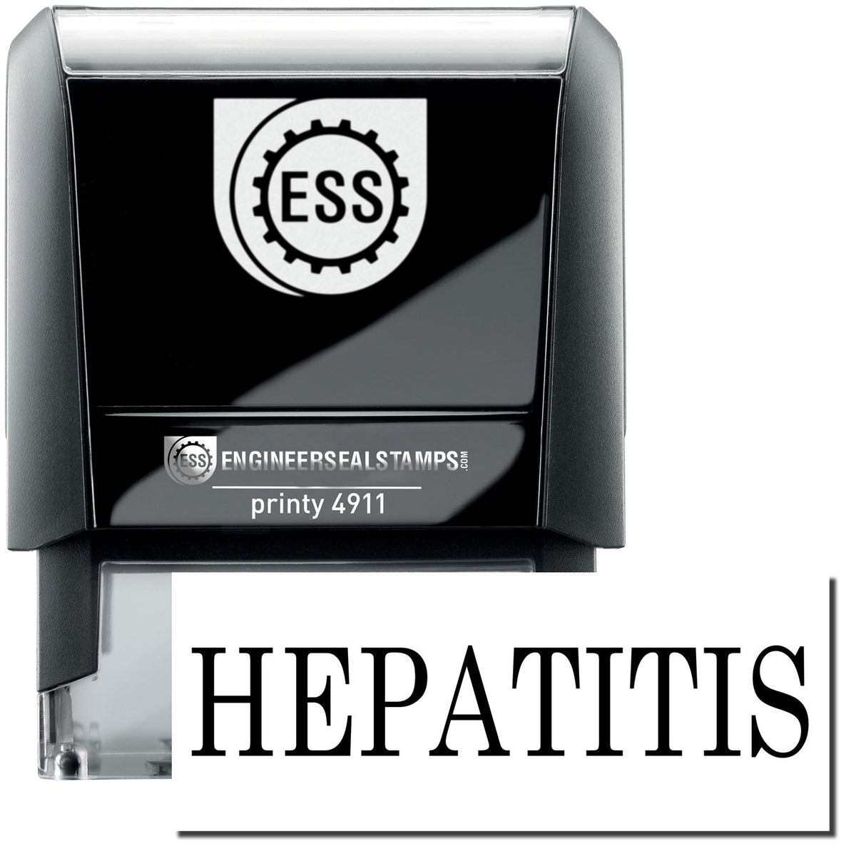 A self-inking stamp with a stamped image showing how the text &quot;HEPATITIS&quot; is displayed after stamping.