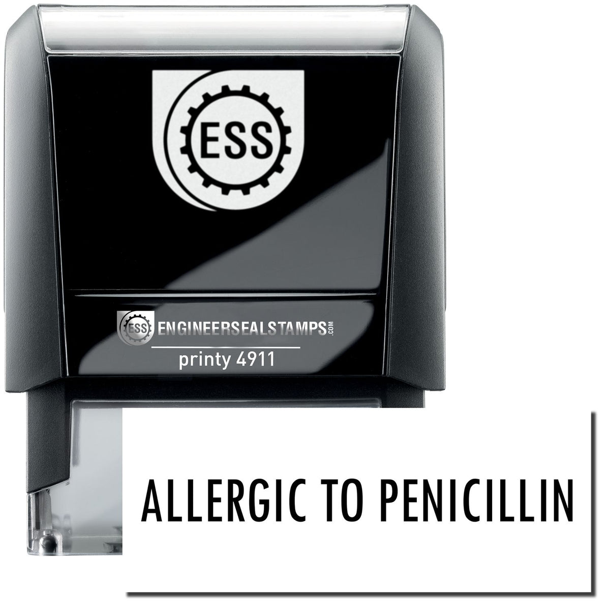 A self-inking stamp with a stamped image showing how the text &quot;ALLERGIC TO PENICILLIN&quot; is displayed after stamping.