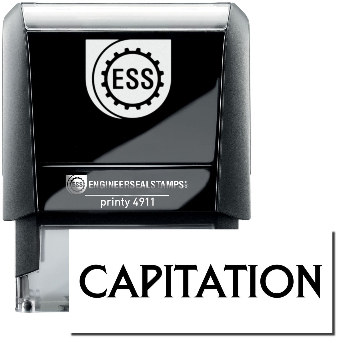 A self-inking stamp with a stamped image showing how the text &quot;CAPITATION&quot; is displayed after stamping.