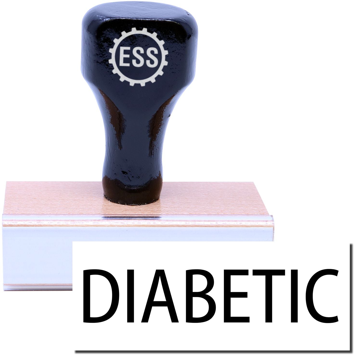 A stock office medical rubber stamp with a stamped image showing how the text "DIABETIC" is displayed after stamping.