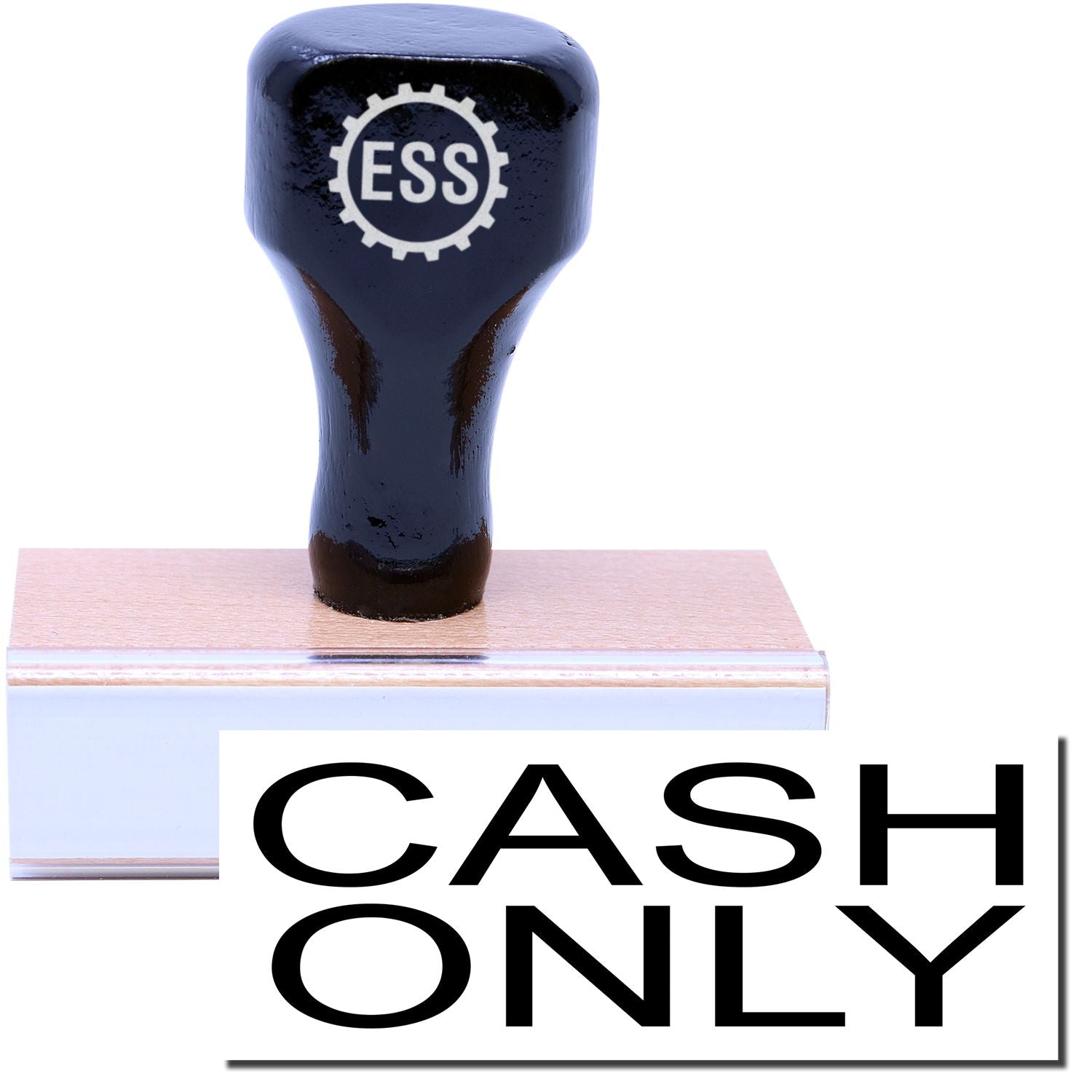 A stock office rubber stamp with a stamped image showing how the text CASH ONLY is displayed after stamping.