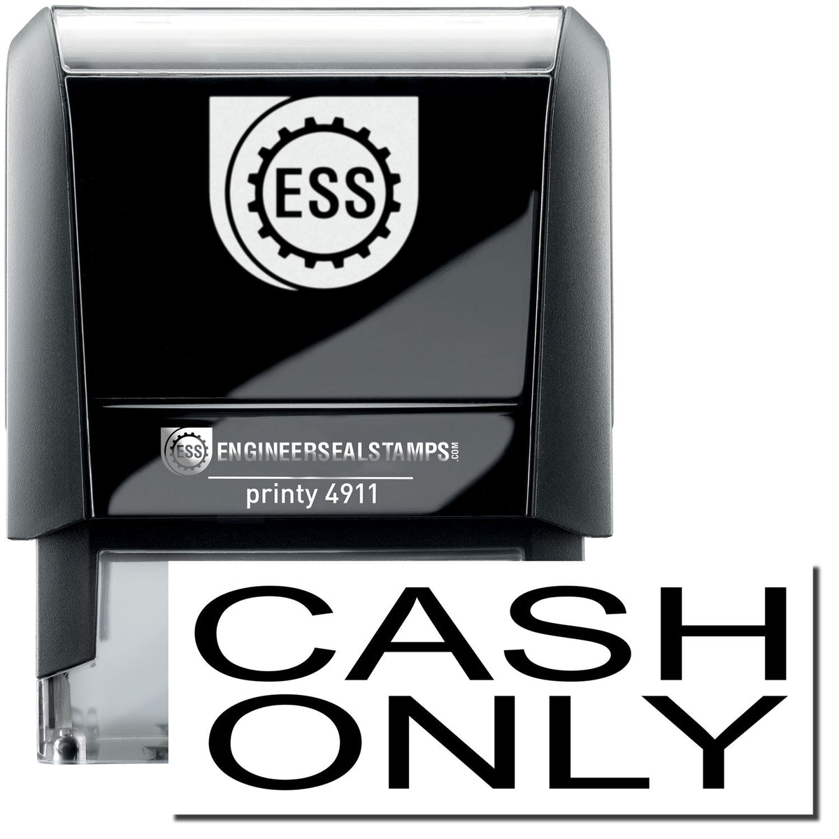 A self-inking stamp with a stamped image showing how the text &quot;CASH ONLY&quot; is displayed after stamping.