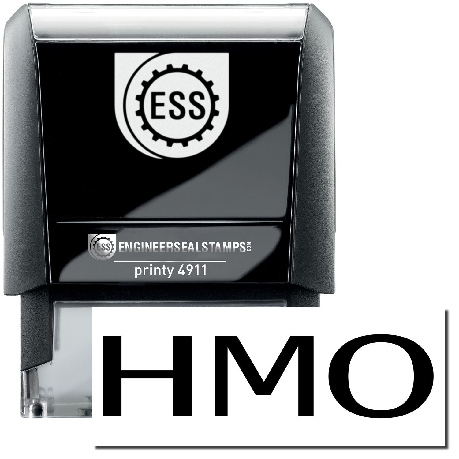 A self-inking stamp with a stamped image showing how the text "HMO" is displayed after stamping.
