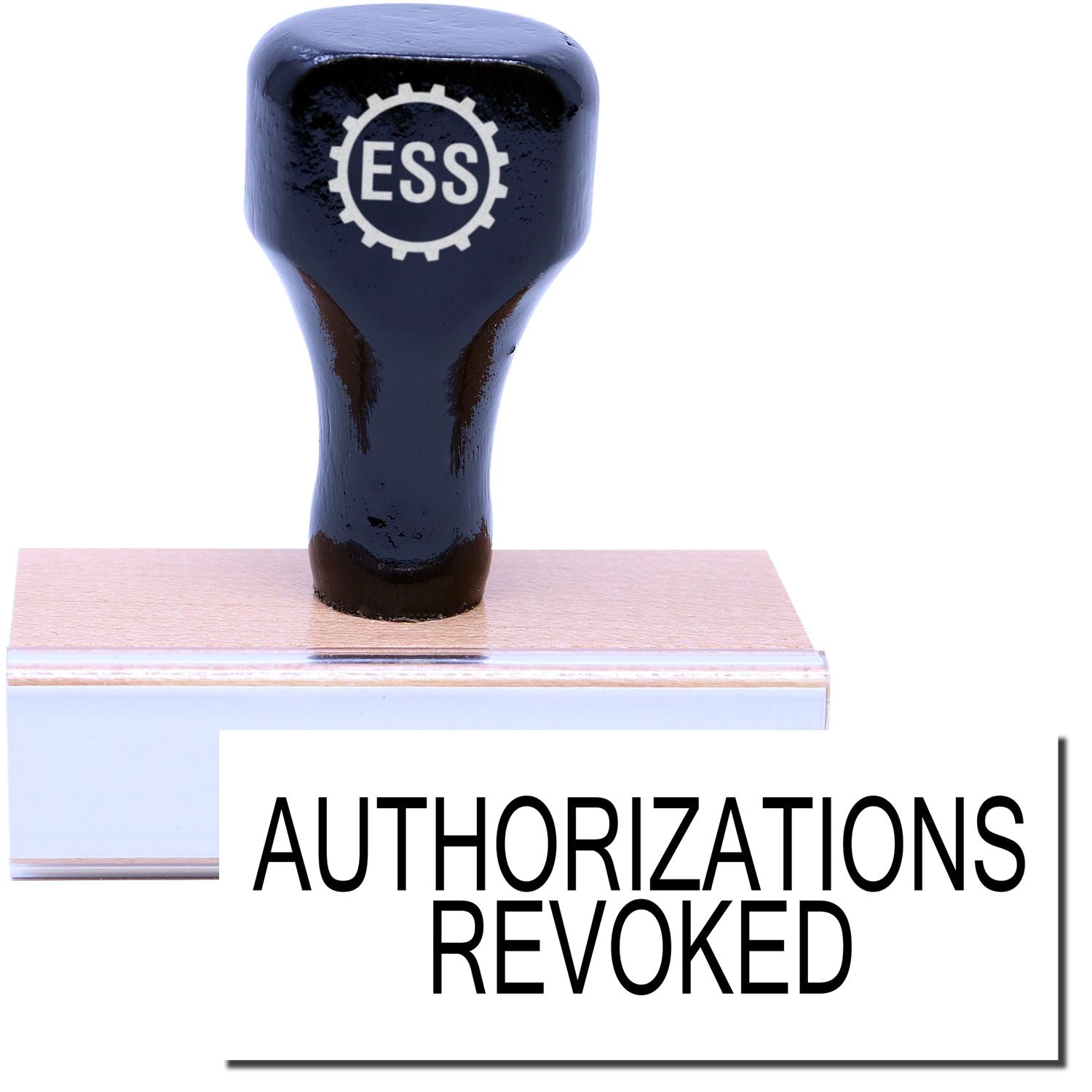 A stock office rubber stamp with a stamped image showing how the text AUTHORIZATIONS REVOKED is displayed after stamping.