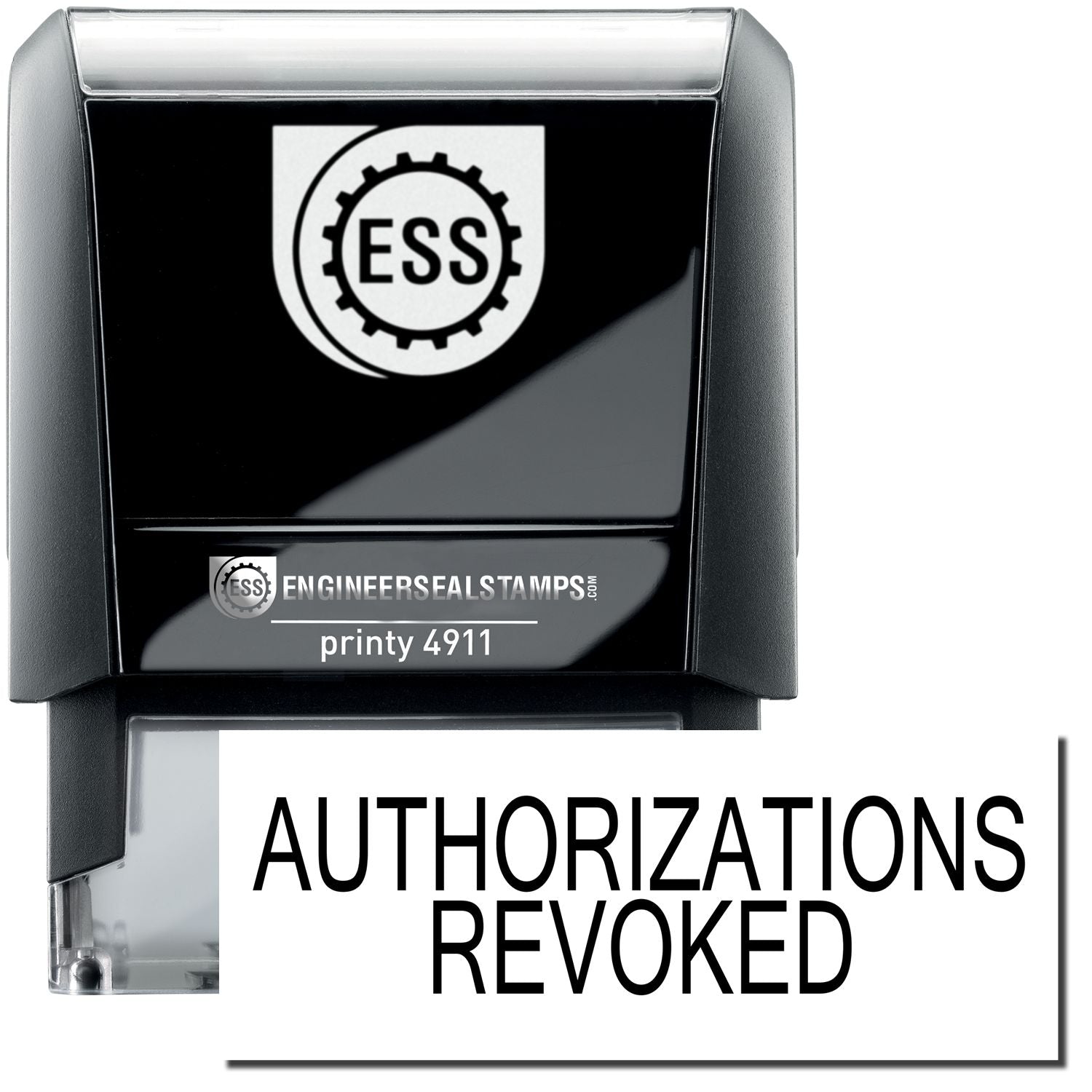 A self-inking stamp with a stamped image showing how the text AUTHORIZATIONS REVOKED is displayed after stamping.