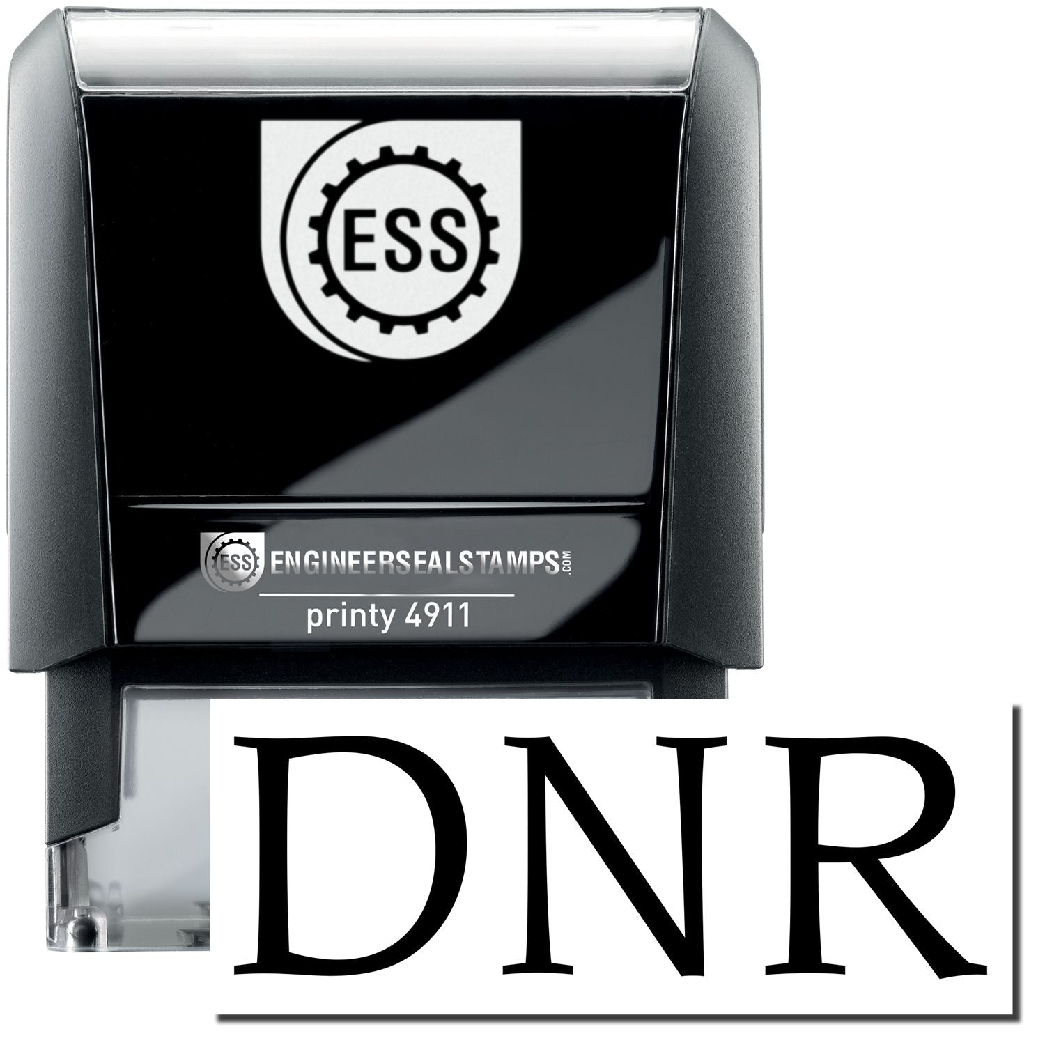 A self-inking stamp with a stamped image showing how the text "DNR" is displayed after stamping.