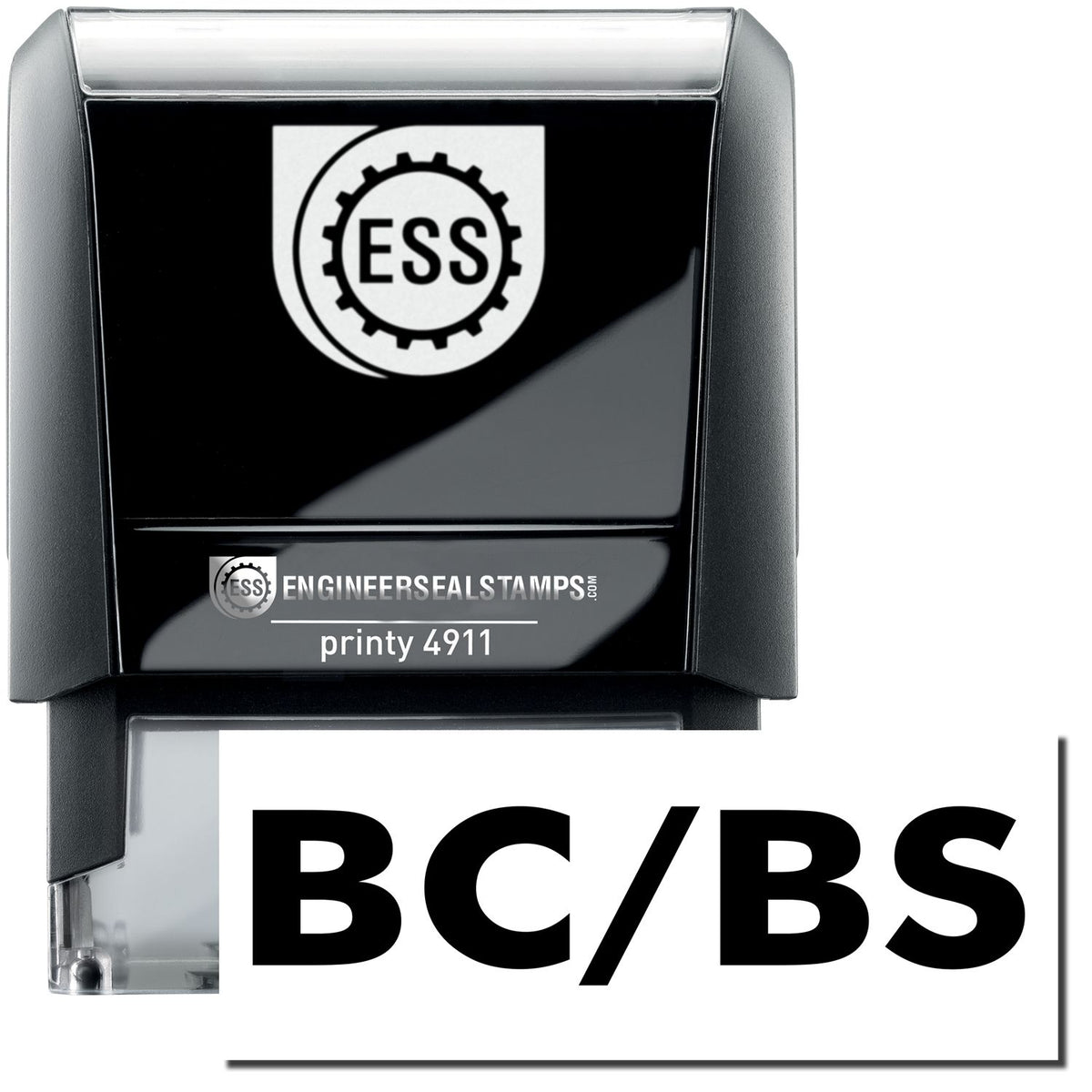A self-inking stamp with a stamped image showing how the text &quot;BC/BS&quot; is displayed after stamping.