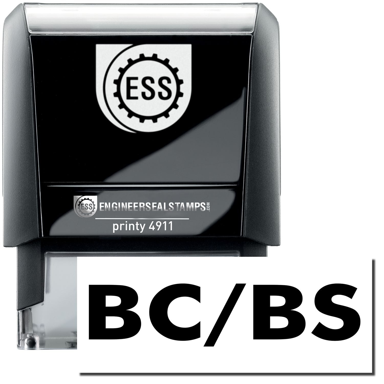 A self-inking stamp with a stamped image showing how the text "BC/BS" is displayed after stamping.