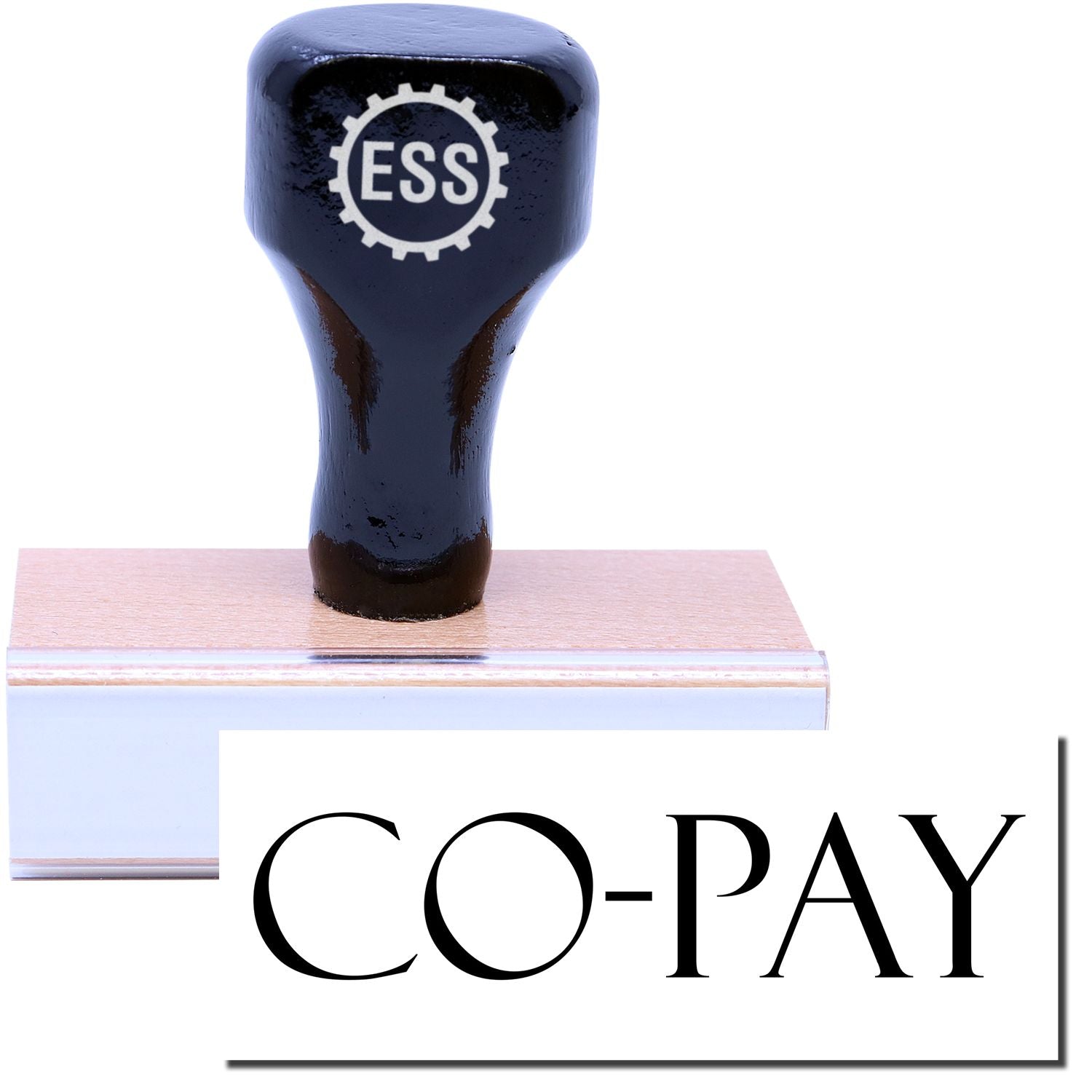 A stock office medical rubber stamp with a stamped image showing how the text CO-PAY is displayed after stamping.