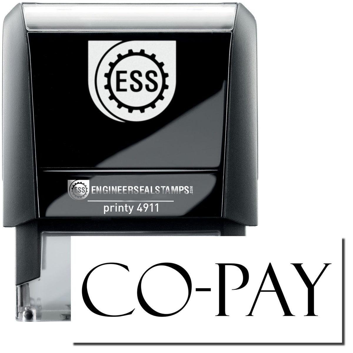 A self-inking stamp with a stamped image showing how the text &quot;CO-PAY&quot; is displayed after stamping.